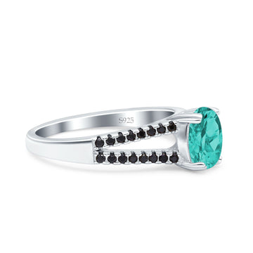 Split Shank Halo Oval Wedding Ring Black Simulated Paraiba Tourmaline CZ 925 Sterling Silver